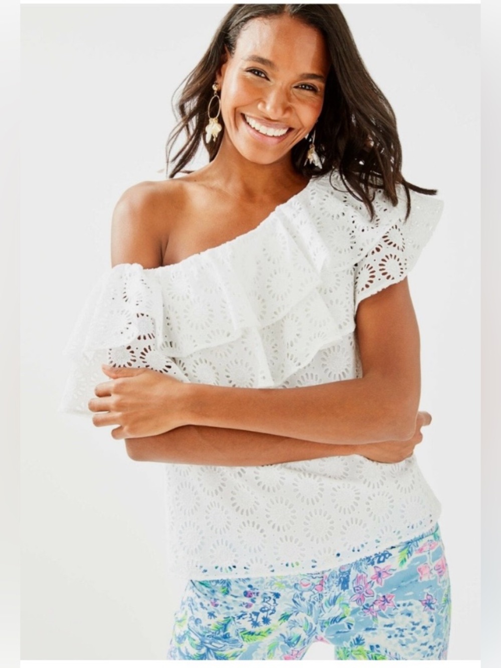 Lilly Pulitzer Trixie One Off Shoulder Eyelit Top Blouse in White Size Large
